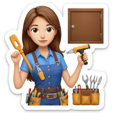 beautiful girl with long brown hair constructing new kitchen cabinets sticker