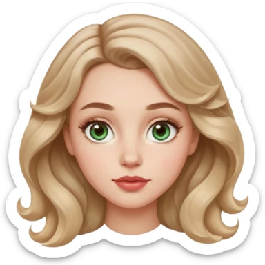 Generate an emoji of a white girl with a round face structure, light brown almost blonde loose curls, large forehead, brown arched brows, almond big green eyes with a lil blue in them, large rosy cheekbones and big rosy lips and a jawline sticker