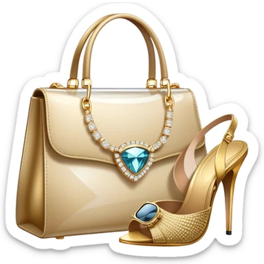 A photorealistic icon featuring luxurious fashion accessories like a high-end handbag, elegant high heels, a sparkling diamond necklace and a stylish pair of sunglasses. The design includes gold accents, purfume, and glamorous textures, fashion, and VIP luxury. Transparent background sticker