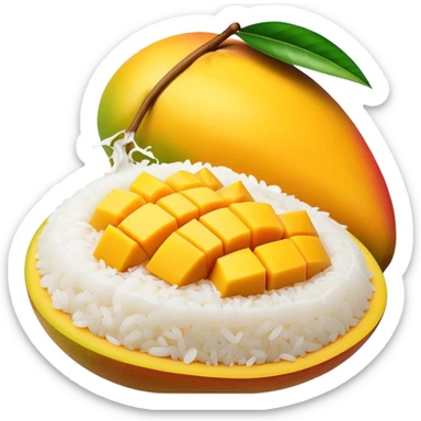 Cinematic Realistic Mango Sticky Rice Dessert Emoji, showcasing sweet sticky rice paired with ripe mango slices and coconut milk rendered with lifelike detail and warm, inviting lighting. sticker
