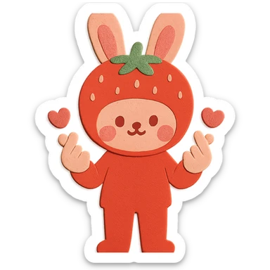 Make this a full-body bunny in the same paper-craft style, wearing a strawberry hat and making finger hearts. Keep the same cute expression and color palette. sticker