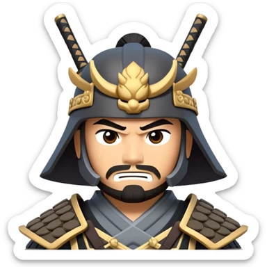 clash-of-clans-aesthetic_-cinematic-fearsome-and-majestic-samurai-bust-portrait-emoji, rendered in a flat, vector-style with minimal shading and bold, simplified shapes typical of emoji art, depicting a battle-hardened samurai with steely eyes and traditional black Japanese armor. The samurai is riding a noble grey warhorse adorned with an intricately designed saddle and fluttering banners, against a backdrop of cherry blossoms and a rising sun. sticker