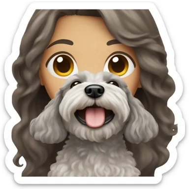 Brunette girl long straight hair, holding a gray maltipoo with a white snout sticker
