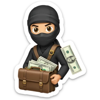Stealthy ninja holding open money briefcase showing cash inside sticker