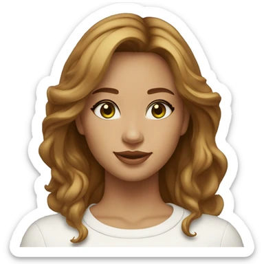 Female, 30 years old, light skin but tanned, green/honey eyes, thick wavy light brown hair cut in layers shaggy style, small gold earrings, white turtleneck T-shirt sticker