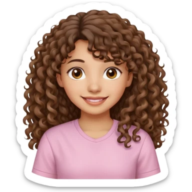 A Latina girl with brown eyes and long loose curly hair with curly bangs with a light pink shirt sticker