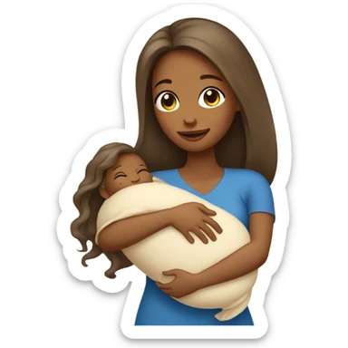 Tan girl with long hair holding newborn baby boy in arms  sticker