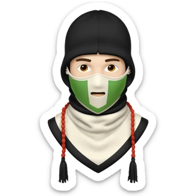 Deconstructed off-white balaclava with frayed layers, rope tassels, subtle embroidery. Studio photo, white bg, soft light. Streetwear luxury style.
 sticker