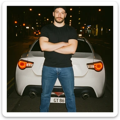 Grunge-style analog photo, London 2025, person inspired by the new reference image standing in front of a Nissan GT 86, model pose, black t-shirt, jeans, Nike Air Jordan low, using flash, city lights, analog grain, 8/8. sticker