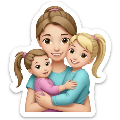 Teenage girl with ponytail embracing a baby and her little sister, loving family sticker