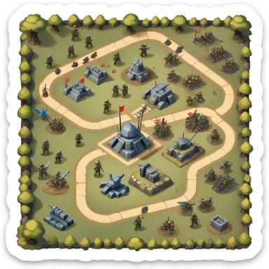 An icon showing a strategic battle scene with a top-down view of an army, inspired by classic strategy games. The interface displays unit icons, a minimap, and resource counters. Soldiers and siege weapons engage in combat on detailed terrain. Transparent background. sticker