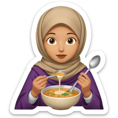 a woman wearing a pashmina hijab is eating while holding a spoon sticker