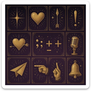 lights, hearts, arrows, punctuation marks, mathematical signs, microphone, telegram airplane, finger points, bell, all in tarot aesthetics with a dark purple gradient to light purple background sticker
