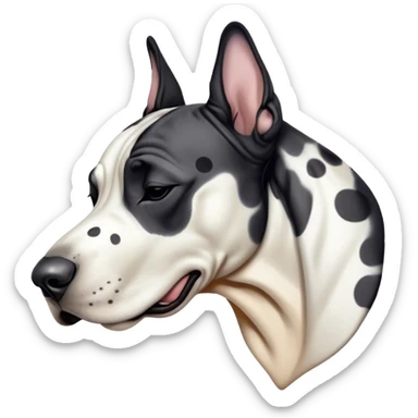 Meme-Worthy Cute Sleeping Harlequin Great Dane Portrait Emoji, Head resting peacefully with a contented smile, showcasing a delightfully majestic build and a luxuriously soft coat of predominantly white with bold black patches, eyes shut in a serene nap, Simplified yet hilariously adorable features, highly detailed, glowing with a soft, drowsy light, high shine, relaxed and utterly lovable, stylized with an air of playful laziness, bright and heartwarming, soft glowing outline, capturing the essence of a comically sleepy guardian, so meme-worthy it feels like it could instantly become the next viral sensation of adorable slumber! sticker