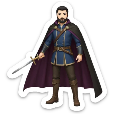 
Hombre de unos 30-40 años, alto, fuerte..
Rostro anguloso, barba bien recortada, cejas marcadas, mirada dura y orgullosa.
Castaño oscuro o negro, peinado hacia atrás.
Ropa de noble — chaqueta ajustada, capa corta, botas altas y espada al cinto. Colores oscuros (rojo vino, negro, granate) sticker
