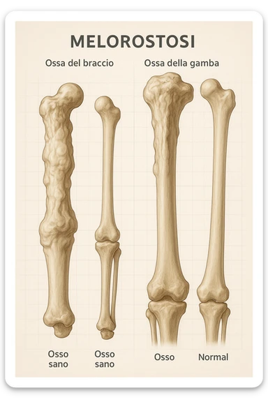 A highly realistic medical illustration focusing on a human arm and leg bones affected by melorheostosis. The bones appear visibly thickened, irregular, and larger than normal, with clear, layered bone growth resembling melted wax dripping down the side of the bones. The image shows a side-by-side comparison with a healthy bone for clarity, highlighting the difference in size and texture. The color palette includes neutral bone colors with subtle shading to show the abnormal contours and ridges. The background is clean and minimalistic, with faint anatomical grid lines for a scientific, educational feel. The overall mood is informative and precise, conveying the key visual characteristic of melorheostosis: progressive bone thickening that makes bones visibly larger and irregular. in italiano sticker