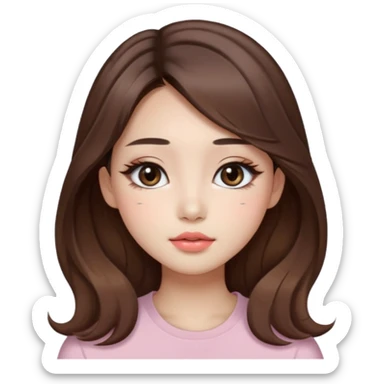 “korean straight brown hair Emoji girl, soft eyeliner and blush, gradient lips, light brown shimmer eyeshadow, long wavy hair,  sticker