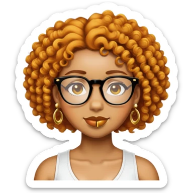Add a gold nose piercing, gold septum piercing, and gold earrings to the light skin black woman with short ginger curly hair and glasses in emoji style. sticker
