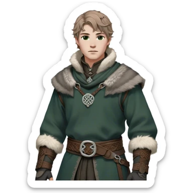 Medieval winter outfit worn by a DnD themed fantasy male character. Heavy charcoal wool tunic with arctic wolf fur lining, adorned with intricate iron clasps and a thick leather belt with celtic knotwork. Clothes only above the waist, full waist coverage. The character has no arms. Character is white-skinned with light brown hair, gray-green eyes, and short wavy hair dusted with winter's touch. sticker