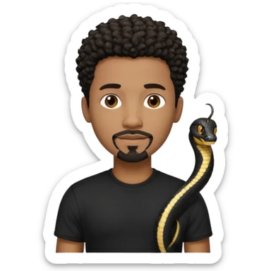 Homme noir de peau,  yeux marron avec un bouc sans la moustache, cheveux noir court et bouclé crépus avec un dégradé sur le côté, avec un cobra à côté , t-shirt noir  sticker