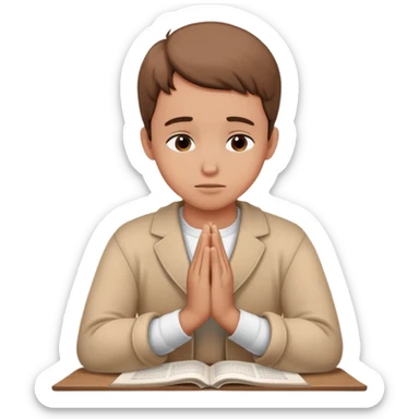 Student with hands clasped in prayer looking at essay starting with "Dear God" sticker