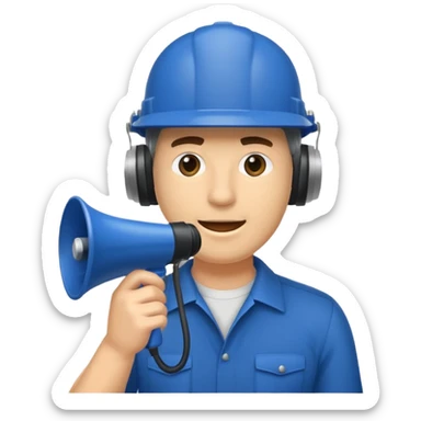 Um homem com capacete azul escuro segurando um megafone sticker