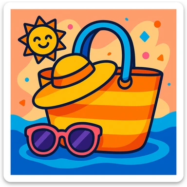 summer bag, bright colors, playful, with sunglasses and a sun hat sticker