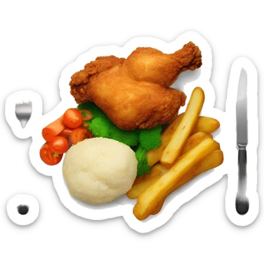 Fried chicken with fried vegetables and cooked potatoes on a plate sticker