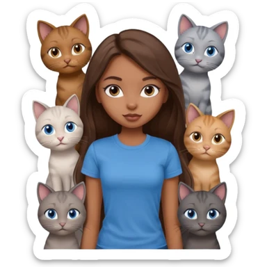 a pretty bratz dusky girl with long brown hair, blue eyes with six cats nd wearing a grey tshirt sticker