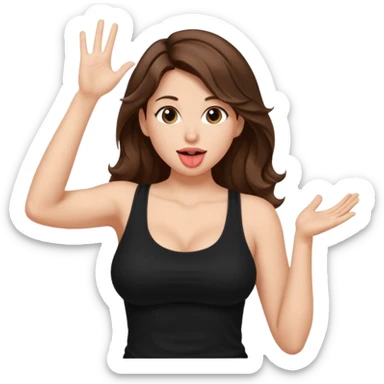 Medium length wavy Brown hair. Very Large boobs. Black tanktop. Side profile. Tongue. Hand up sticker