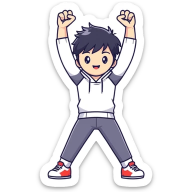 Black-haired male idol with arms up in the air, energetic performance pose, K-pop style sticker
