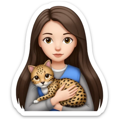 a white girl with brunette long straight hair holding a grey cat. the grey cat has black lines and cheeta prints in its fur. sticker
