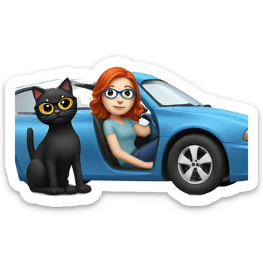 Redhead girl glasses driving blue car with 2 black cats  sticker