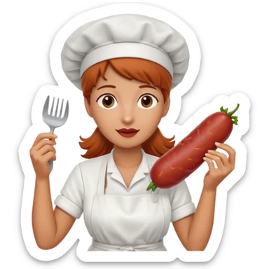 Charcuteraa con un chorizo y embutido en la mano con una redecilla en el pelo y delantal blanco sticker
