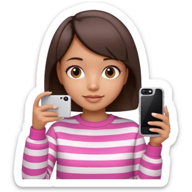 Emoji of a cute 3D girl with short dark brown bob hairstyle, wearing a pink and white striped sweatshirt. She is holding a phone and taking a selfie, white background.

 sticker