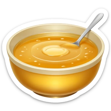a bowl of golden broth, plain, smooth surface, no spoon, simple, clear sticker
