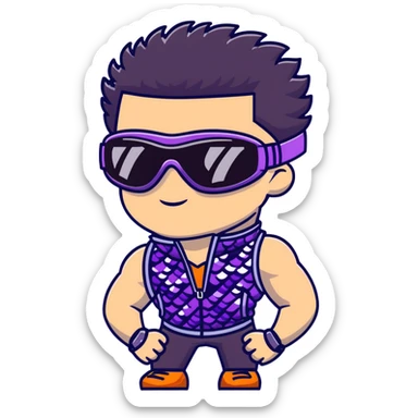 male athlete with white skin and moderately curly black hair on top with shaved sides, wearing ski goggles with purple frames and very dark black lenses, a simple plain black chain necklace, and a completely unzipped sleeveless vest with purple and black sequin fire pattern design, fully revealing his chest, shoulders and arms, no earrings sticker