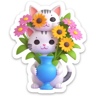 A 3D cute cat holding a vase with flowers, with the text "Have a Beautiful Day" in the style of the reference image. The scene should be warm and inviting, with soft colors and a friendly atmosphere. sticker