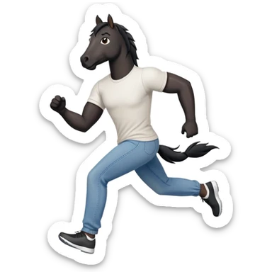 friendly anthropomorphised black stallion in jeans and a t-shirt, jogging upright in standard pose sticker