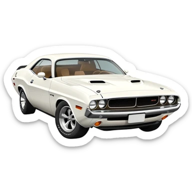 White 1971 Dodge Challenger with consistent proportions, accurate three-quarter view at 30 degrees, showing front grille, headlights and side profile in correct perspective, all white, iOS emoji style sticker