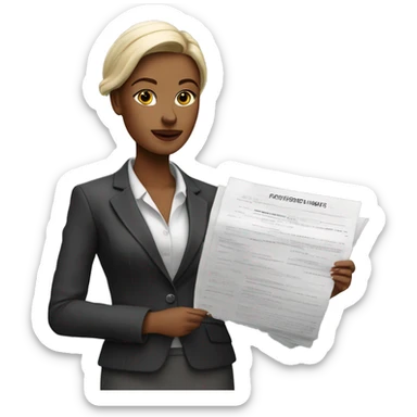 A stylish woman dressed in business attire, confidently holding a small model of a house or a real estate contract. She has a self-assured expression. sticker