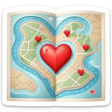 Folded cartographic map with pale ethereal colors, featuring red heart markers and various colored symbols indicating different emotional experiences, topographic lines sticker