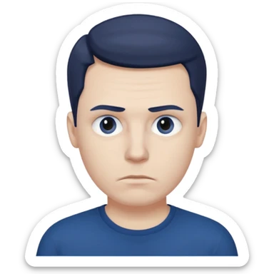 a white man in a dark blue t-shirt with a suspicious look sticker
