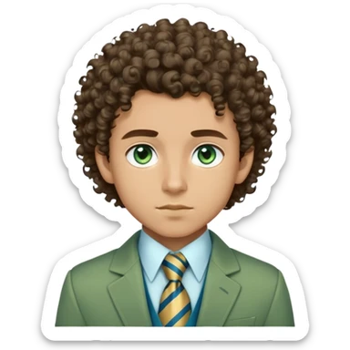 Make me an emoji of a boy with light brown skin, and his hair is voluminous and curly. And his chin is sharp with a nice jawline, and his eyebrows are more of rounded out eyebrows and they’re thick,but not too thick, and one of his eyebrows has a slit in it. And he’s wearing a green jacket with a white shirt poking out and the white shirt has a tie with gold and blue stripes on it. And his eyes are a greenish blue color. And his hair color is a dark brown, and it has some bleached curls in there. And his skin is a light brown, he’s light skinned  sticker