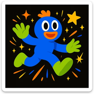 Replace the mascot in this image with the same unified mascot character used in the other two images. Maintain the colorful motion lines, sparkles, and dynamic accents to keep the playful, energetic, and imaginative vibe suitable for a black website background. sticker