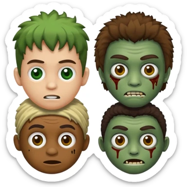 quero um emoji de um menino com pele de zumbi cabelo castanho claro e de franja, olhos menores boca fechada pele verde faça os machucados na cara inteira  sticker