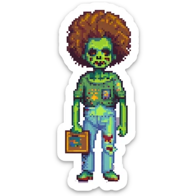 Bob Ross as a zombie, painting with his signature afro and palette, pixel art style sticker