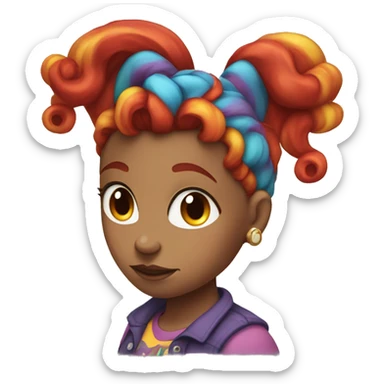 a white girl with long red curly hair in a pony tail with rainbow shirt being bad ass sticker