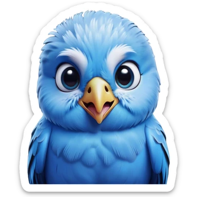 Cinematic Comical Blue Budgie Portrait Emoji, Head tilted dramatically with an exaggeratedly amused expression, featuring a striking blue feathered fur with a glossy finish, wide, expressive dark eyes filled with playful disbelief, Simplified yet hilariously expressive features, highly detailed, glowing with a slightly sassy glow, high shine, dramatic yet playful, stylized with an air of cheeky mischief, bright and endearing, soft glowing outline, capturing the essence of a spirited and over-the-top budgie, so meme-worthy it feels like it could side-eye its way into internet fame instantly! sticker