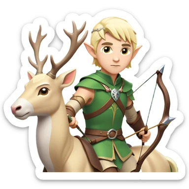 clash-of-clans-aesthetic-blond-male elf-archer-portrait-emoji, rendered in a flat, vector-style with minimal shading and bold, simplified shapes, head tilted slightly forward with a determined, focused expression, riding a majestic white stag whose antlers glow with mystical energy, set against an ancient, enchanted forest backdrop. sticker